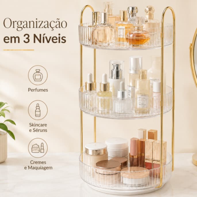 Prateleira Giratória 360° de 3 Andares - Organizador Multiuso para Perfumes Cozinha, Banheiro e Mesa