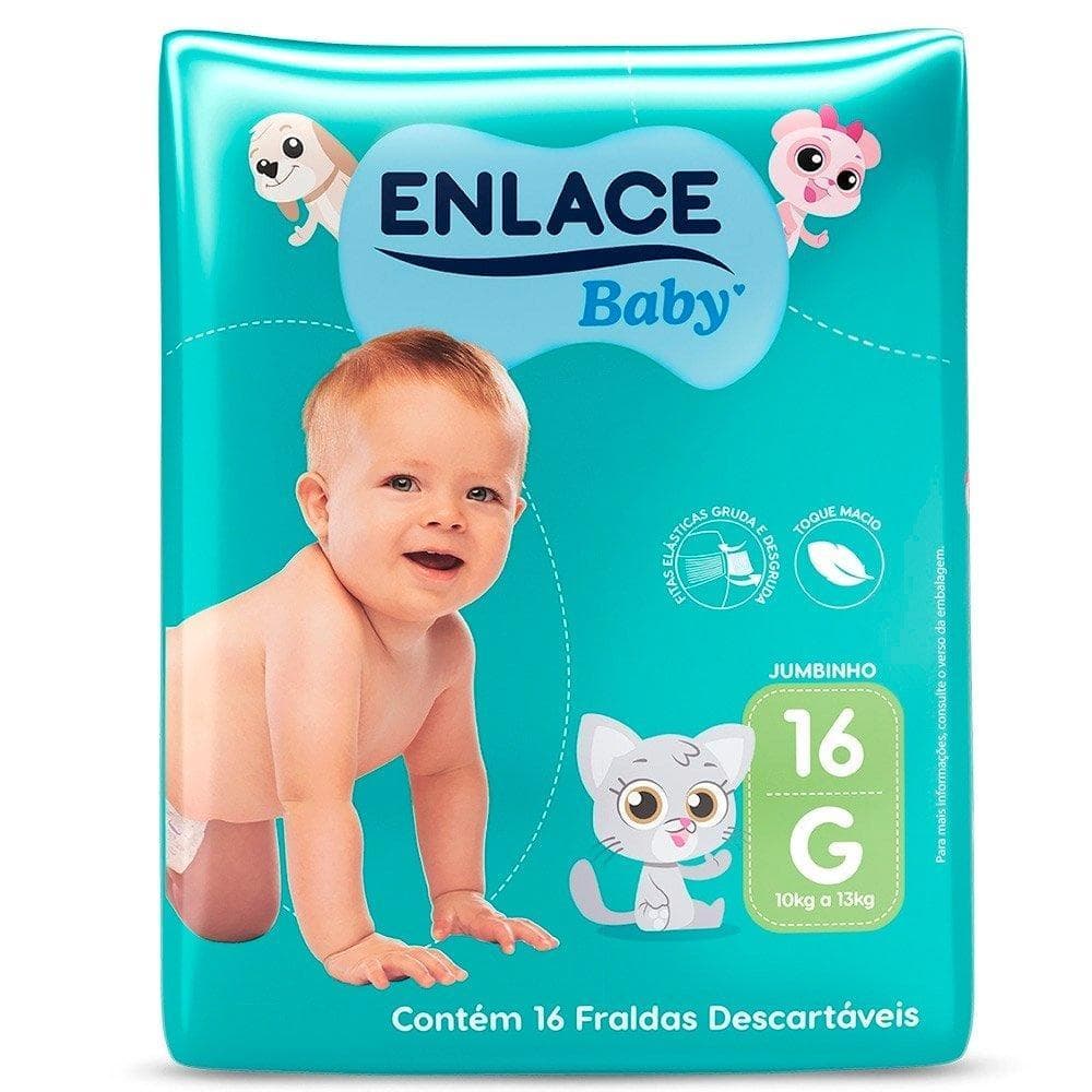 Fralda Descartável Enlace Baby Jumbinho Tamanho G - 9 Pacotes com 16 Fraldas - Total 144 Tiras