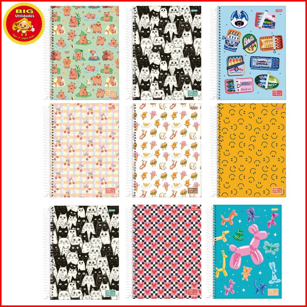 Caderno 10 Matérias Jandaia Stella 160 Folhas Capa Dura Grande Feminino Estampas Sortidas