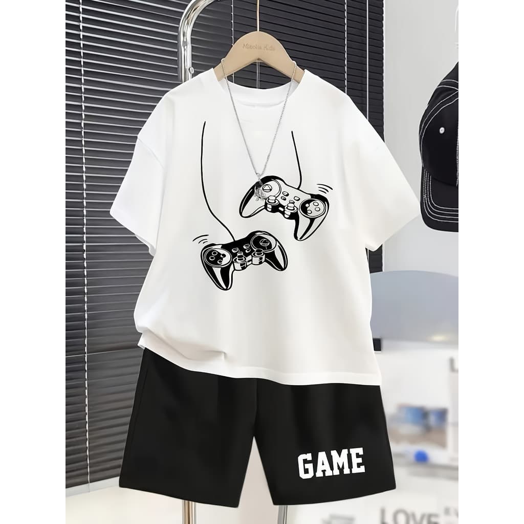 Conjunto Infantil Menino Gamer Camiseta Videogame Controle + Bermuda Moletinho Roupa Infantil Casual Confortável