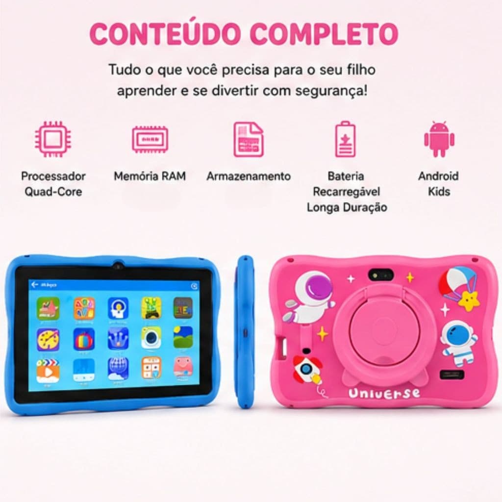 Tablet Infantil 7" 64GB Armazenamento 4gb RAM  Android Azul ou Rosa com Capa Protetora Antiqueda