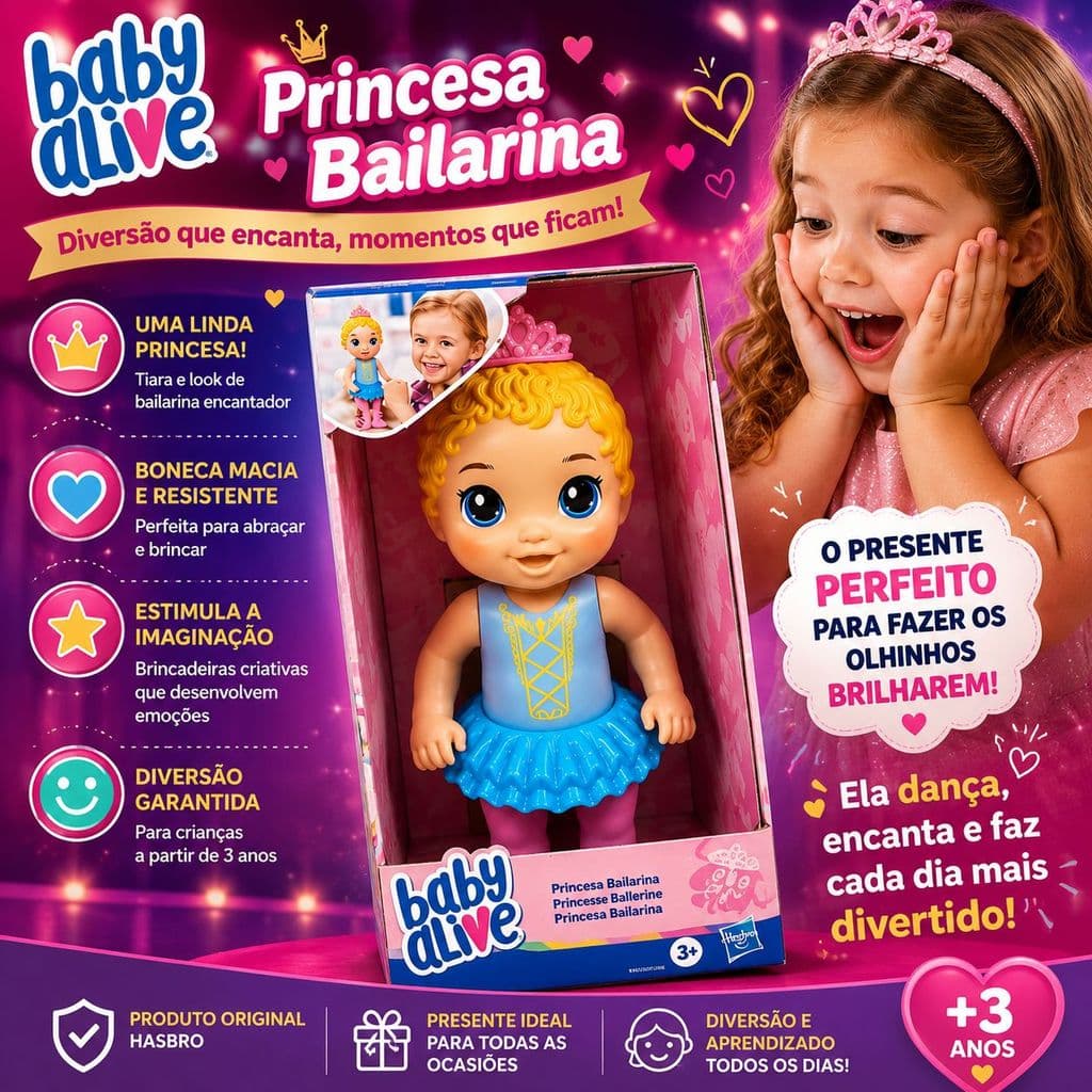 Boneca Baby Alive Doce Bailarina Princesa Hasbro Original Articulada Rosa Presente Menina Infantil