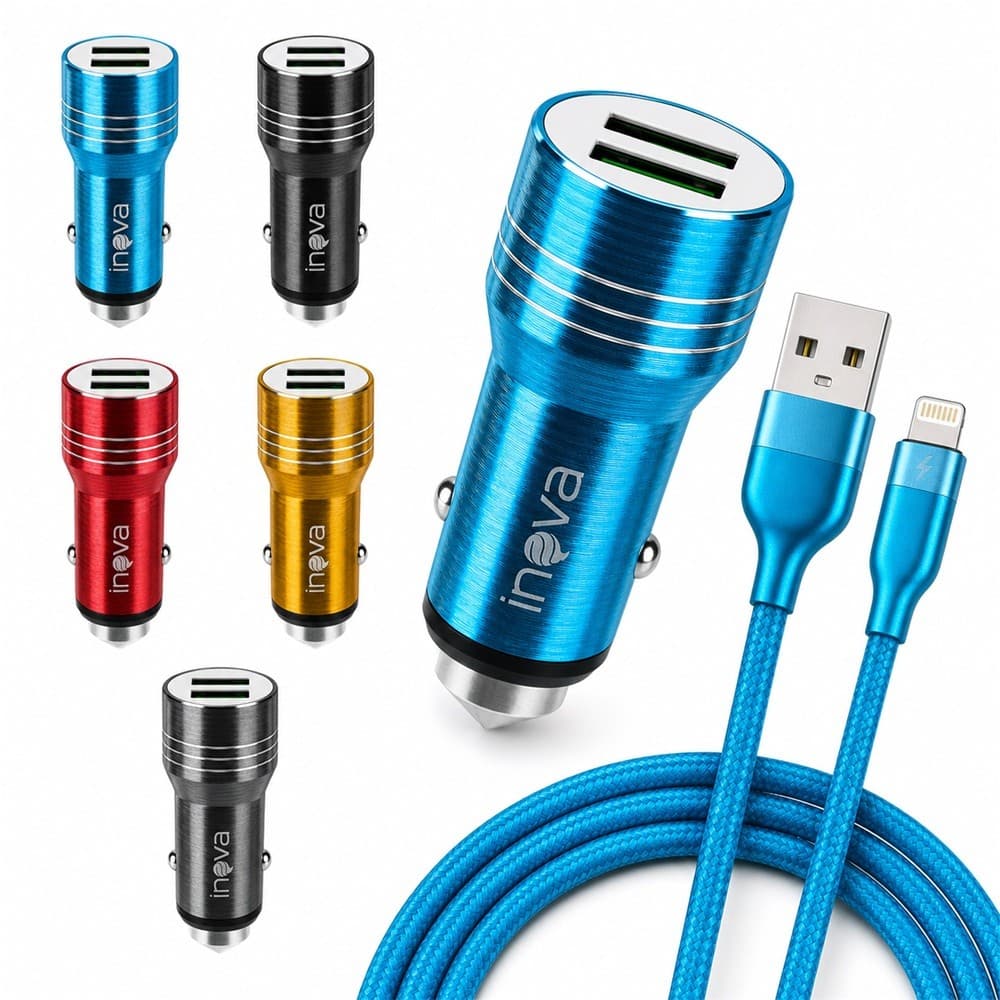 Carregador Veicular Turbo INOVA GL01A com 2 Portas USB e Cabo Conector IOS 1 Metro