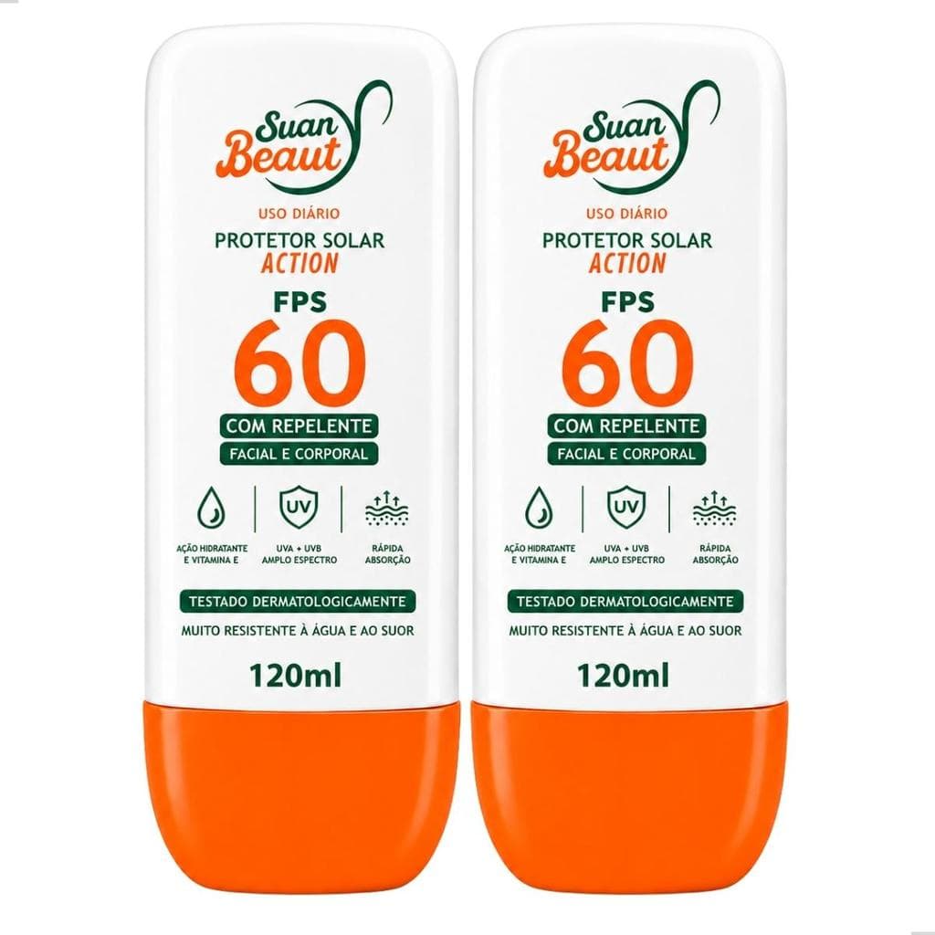 Kit Protetor Solar com Repelente FPS 60 Facial e Corporal 2 Unidades 120ml Suan Beaut Action