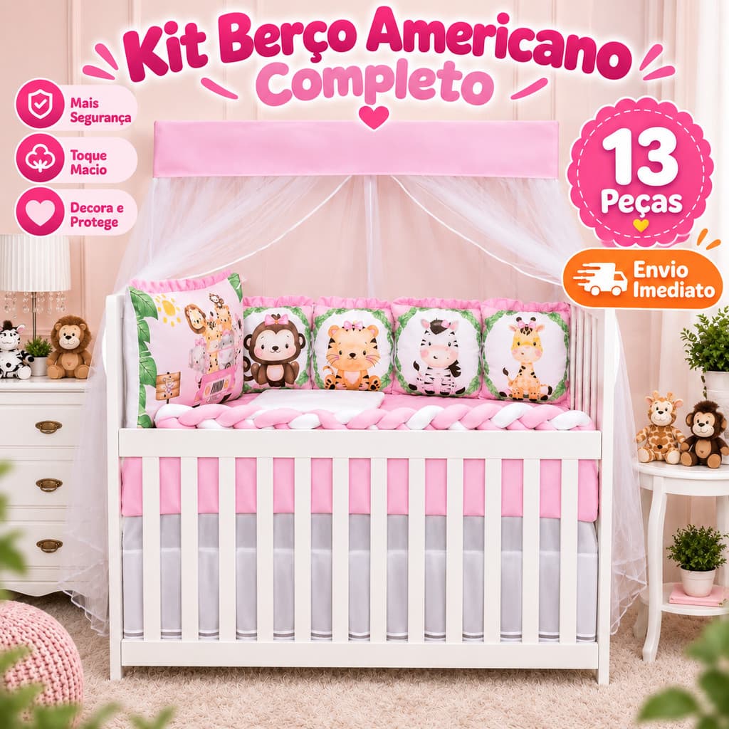 Kit Enxoval De Berço Completo Safari 13 Peças Quarto Do Bebê Menina e Menino