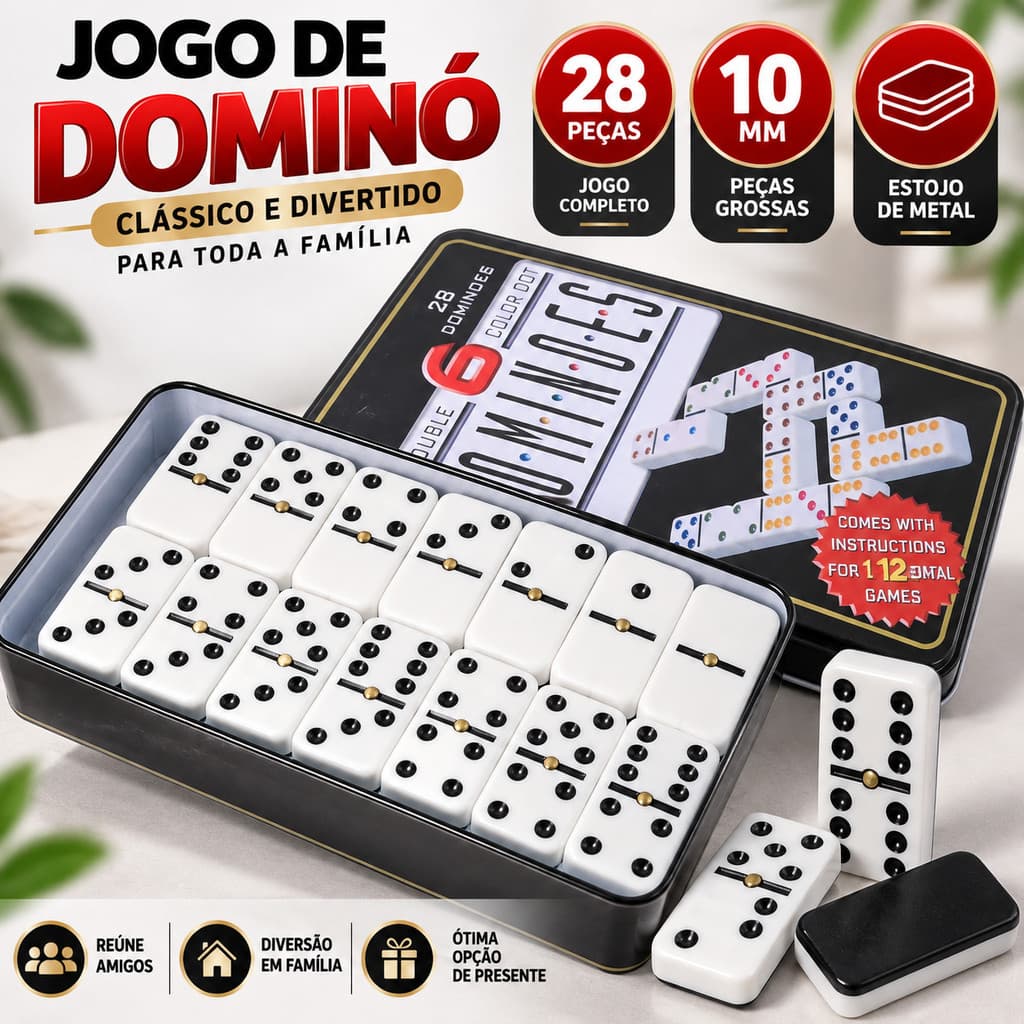 Jogo de Dominó / Dominó Profissional / 28 Peças / 10mm / Grosso / Estojo de Metal / Jogo Clássico / Família