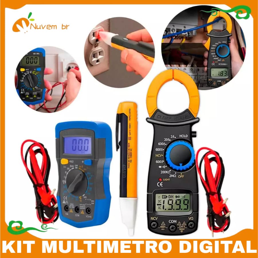 Kit Multímetro Digital Profissional + Caneta Detectora + Alicate Amperímetro LCD Bipe e Iluminação KIT COMPLETO - NUVEM