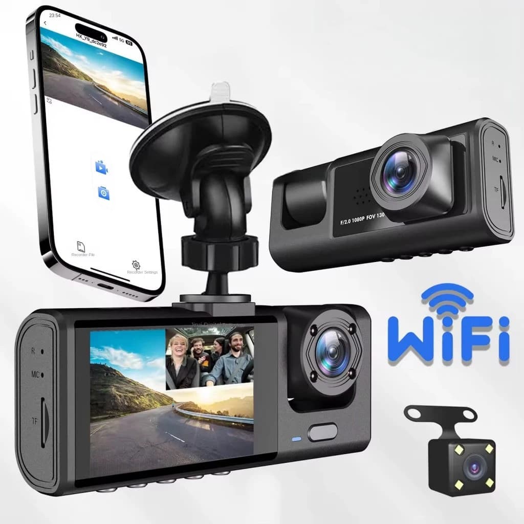 Câmera Veicular Full HD 1080p 3 Lentes Frontal Interna Traseira DVR Automotivo Tela LCD Visão Noturna Segurança Carro