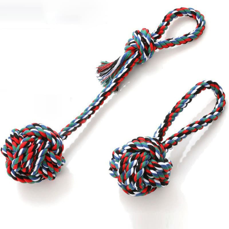 Brinquedo de corda de algodão para cachorro de estimação, brinquedo de bola de cauda longa puxado à mão, corda de algodã