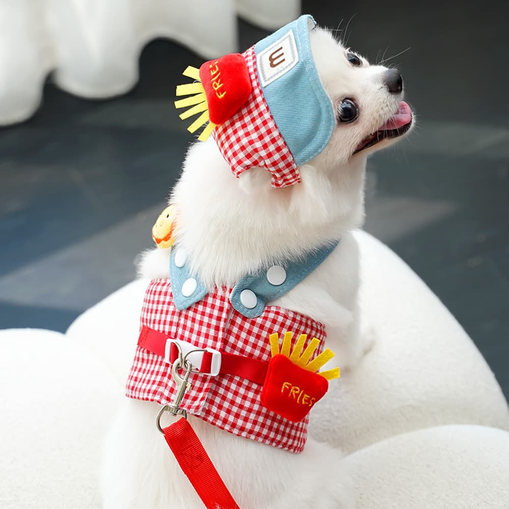 Conjunto de Colete, Coleira e Guia para Pets com Decoração de Batatas Fritas Fofas, Chapéu Combinando, Ajustável, Xadrez
