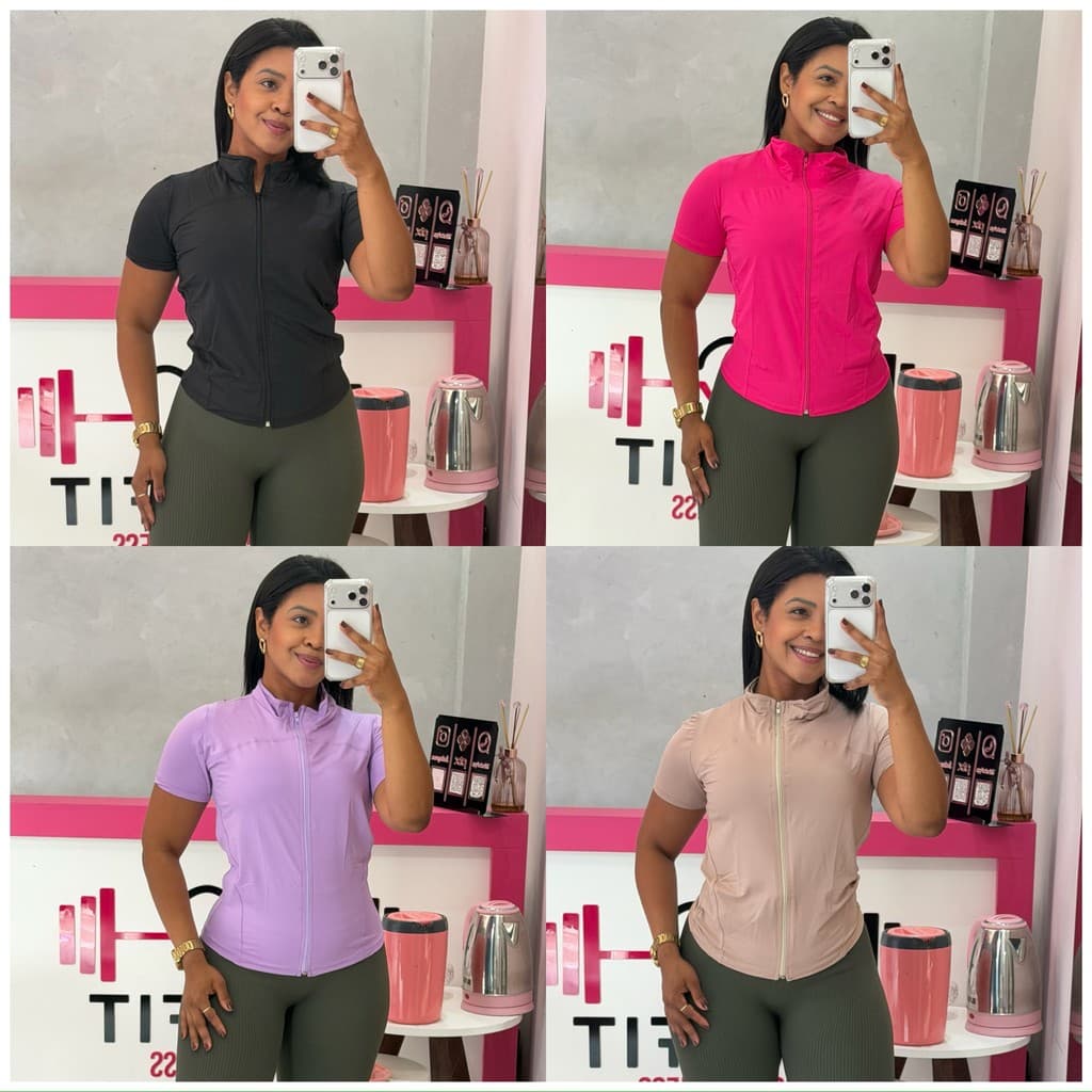 Blusa fitness feminina manga curta com ziper moda fitness academia roupas de treino  - Poliamida  - Ref Aisla 075