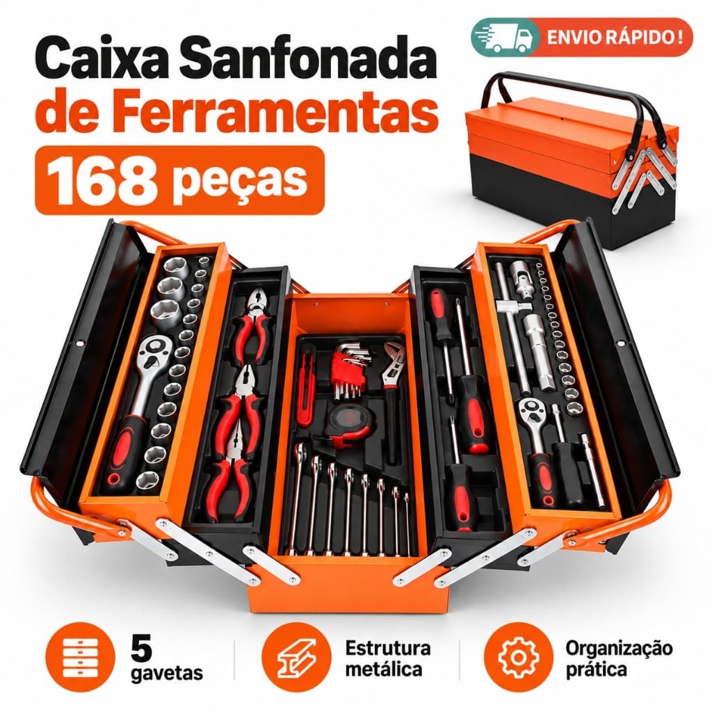 Caixa Sanfonada de Ferramentas 168 Peças com 5 Gavetas Metálica Kit Completo para Oficina e Reparos