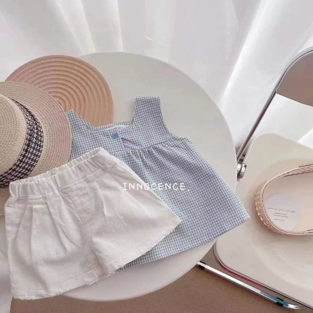 Bebê menina roupas de verão 2023 novo estilo versão coreana moda menina sem mangas xadrez terno menina verão luz roupas 