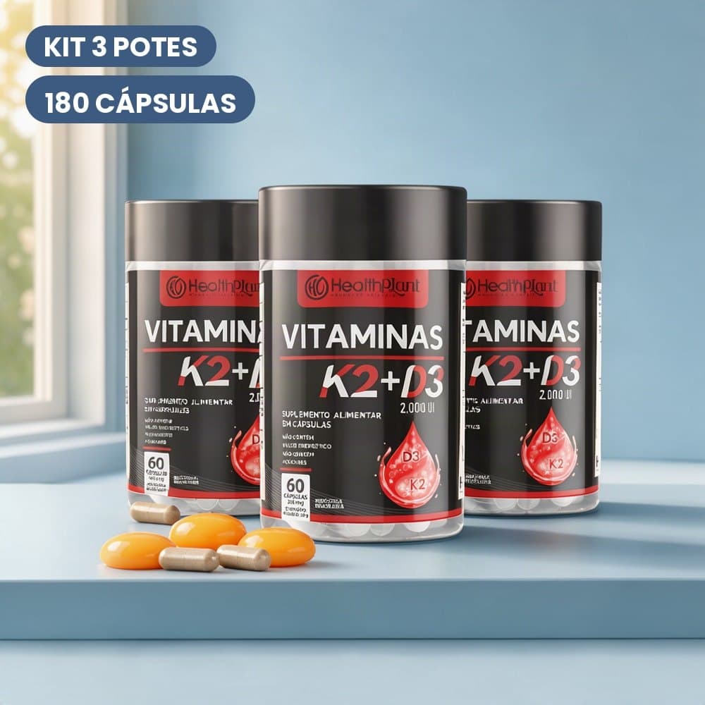 Suplemento Vitamina K2 + Vitamina D3 2000 UI 500mg Kit 3 Potes 180 Cápsulas Uso Unissex