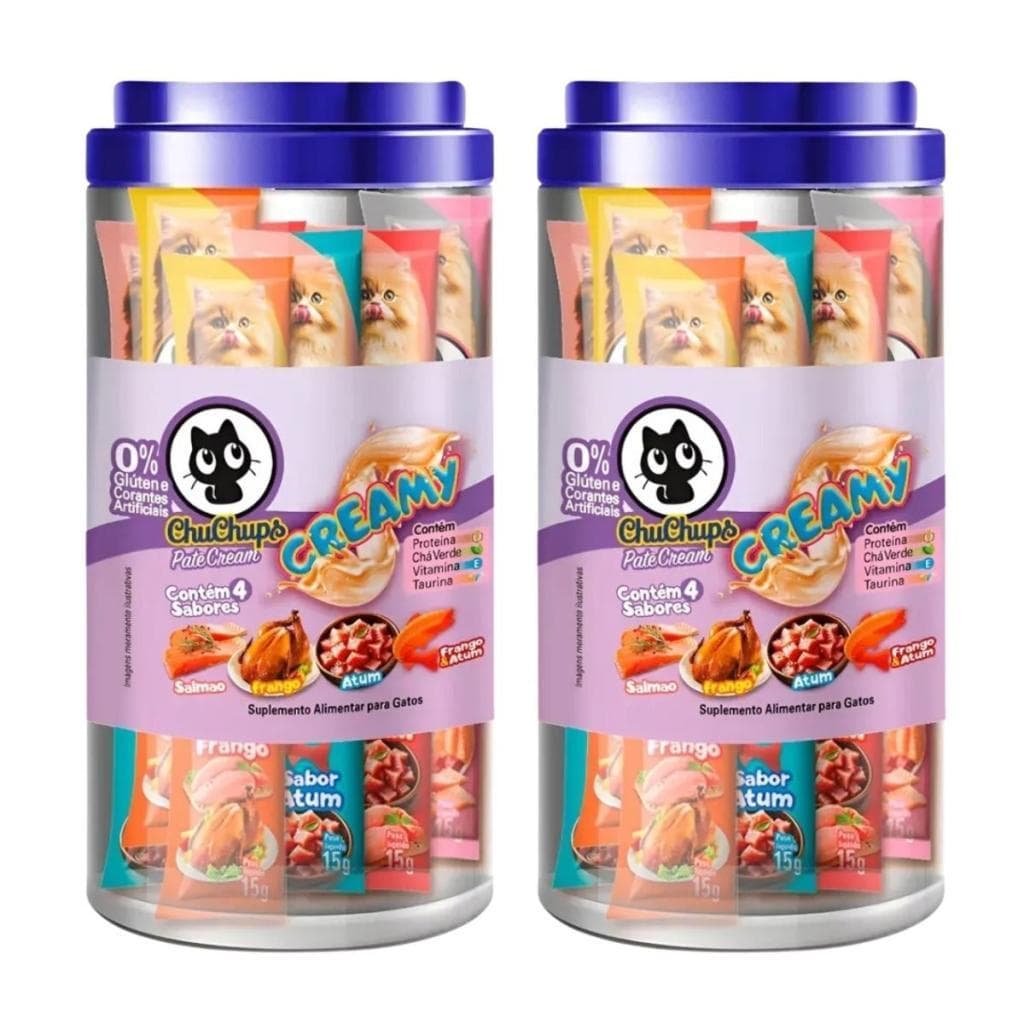 Kit 2 Petisco Para Gatos ChuChups Cream Pote Sortido com 24 Tubos