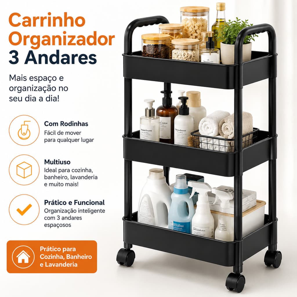 Carrinho Organizador 3 Andares Multiuso com Rodinhas para Cozinha Banheiro Quarto Escritório