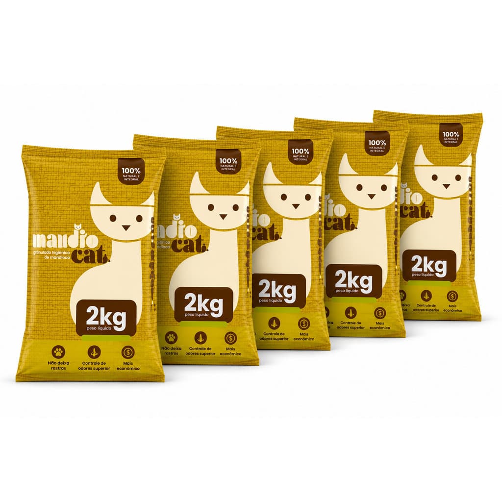 Kit 5 Areia Sanitária Natural Mandiocat 2kg Zero Odor