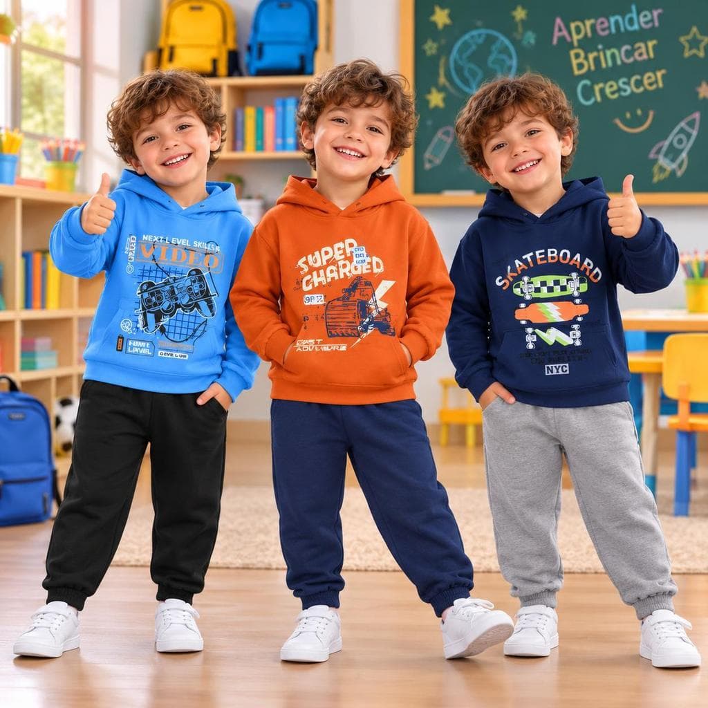 Conjunto Moletom Infantil Menino Inverno Com Capuz Flanelado Quentinho Premium Tam 1 ao 8 calça moletom