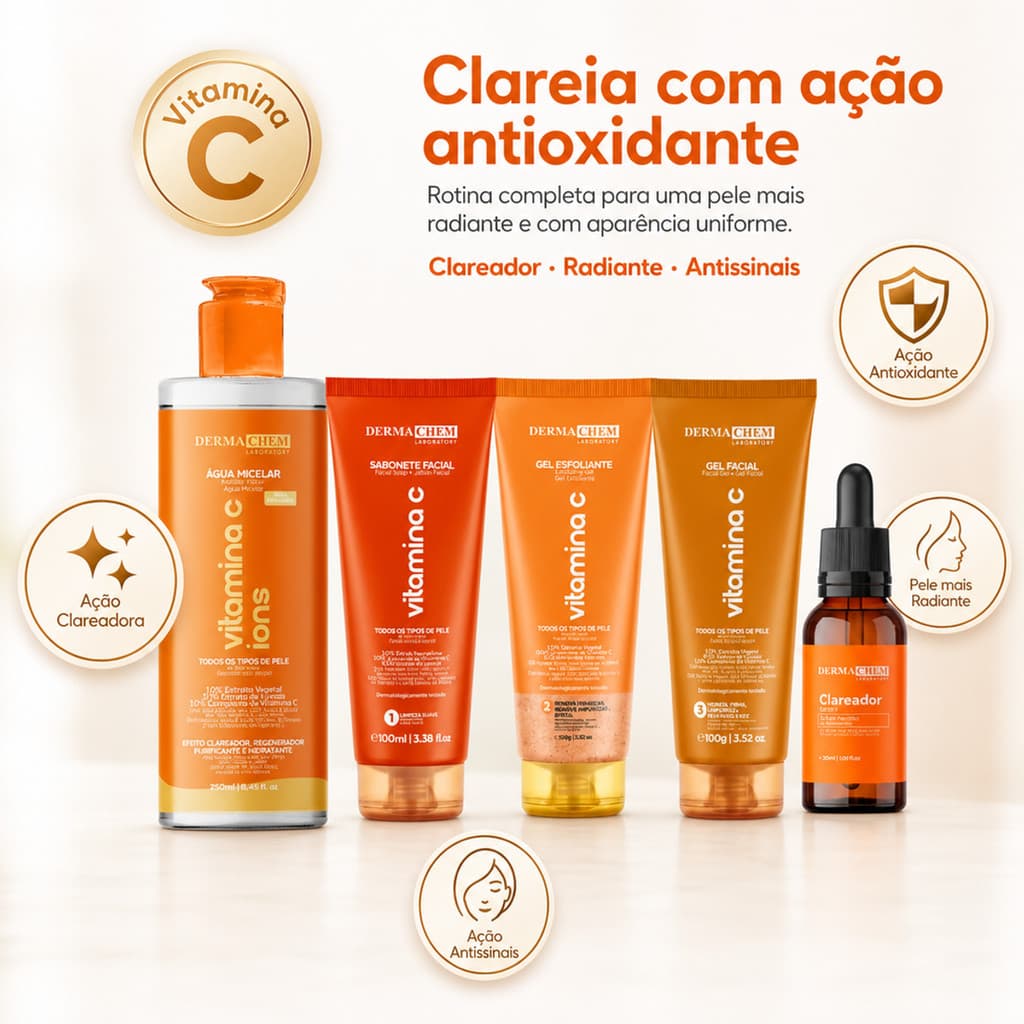 Kit skincare completo de cinco peças com vitamina C ácido hialurônico clareador anti idade tratamento pele hidratação