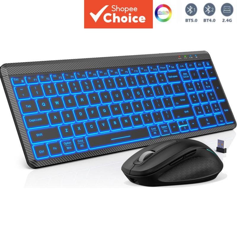 JOMAA Teclado silencioso retroiluminado RGB sem fio com mouse, conjunto de teclado e mouse com Bluetooth 2.4G, modo