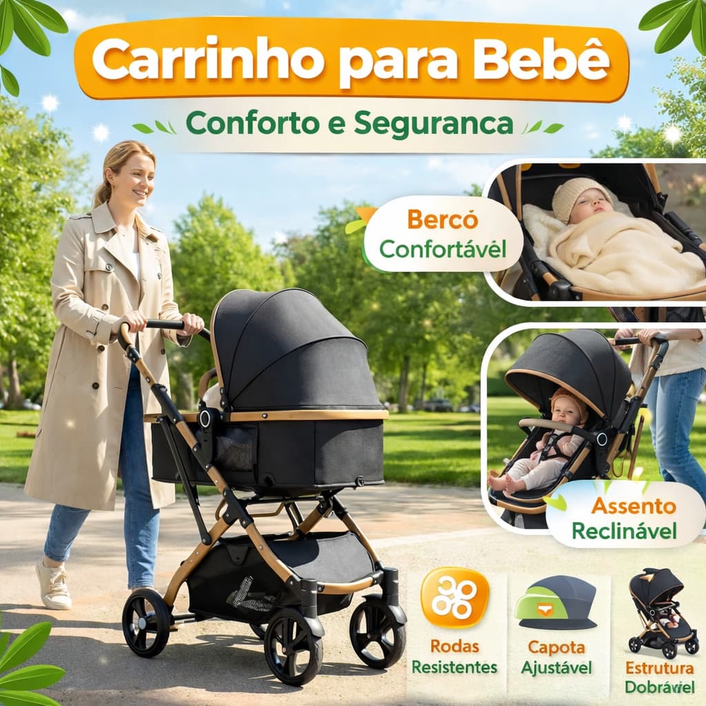 Carrinho Bebê 3 em 1 Reversível c/ Amortecedor e Base Veicular - Dobrável Premium