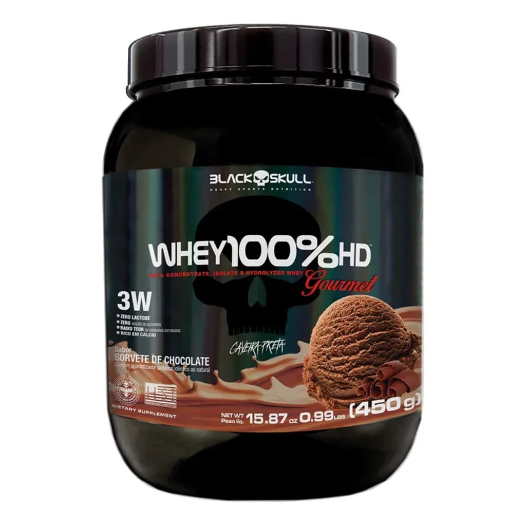 Whey Protein 100% HD Gourmet Chocolate 450g Blackskull Concentrado Muscular Academia