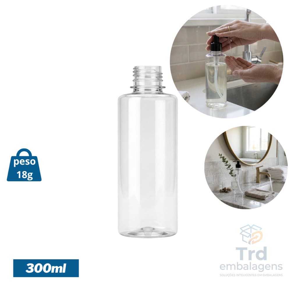Frasco 300ml Plástico PET Sem Tampa Rosca 28/410 para Shampoos Cremes Sabonetes Líquidos Cosméticos Hidratante