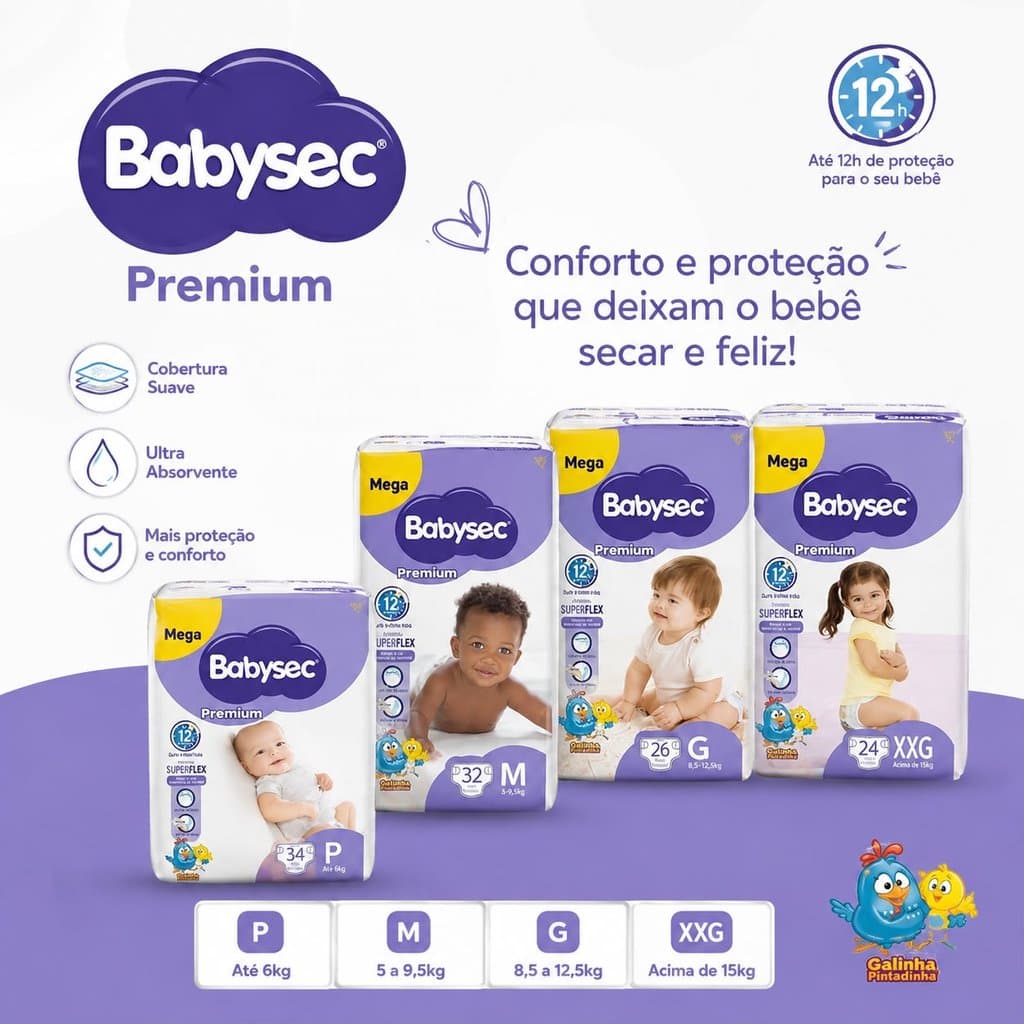 Fralda Descartável Babysec Galinha Pintadinha Premium Mega P M G XG XXG qualidade absorção superseca cintura elastica