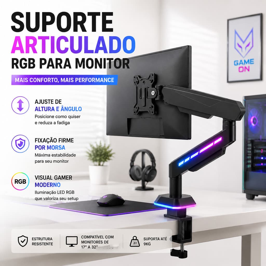 Suporte de Mesa para Monitor Pistão a Gás Rotação Multi Eixos RGB Suporta 2 a 9kg para Setup Gamer