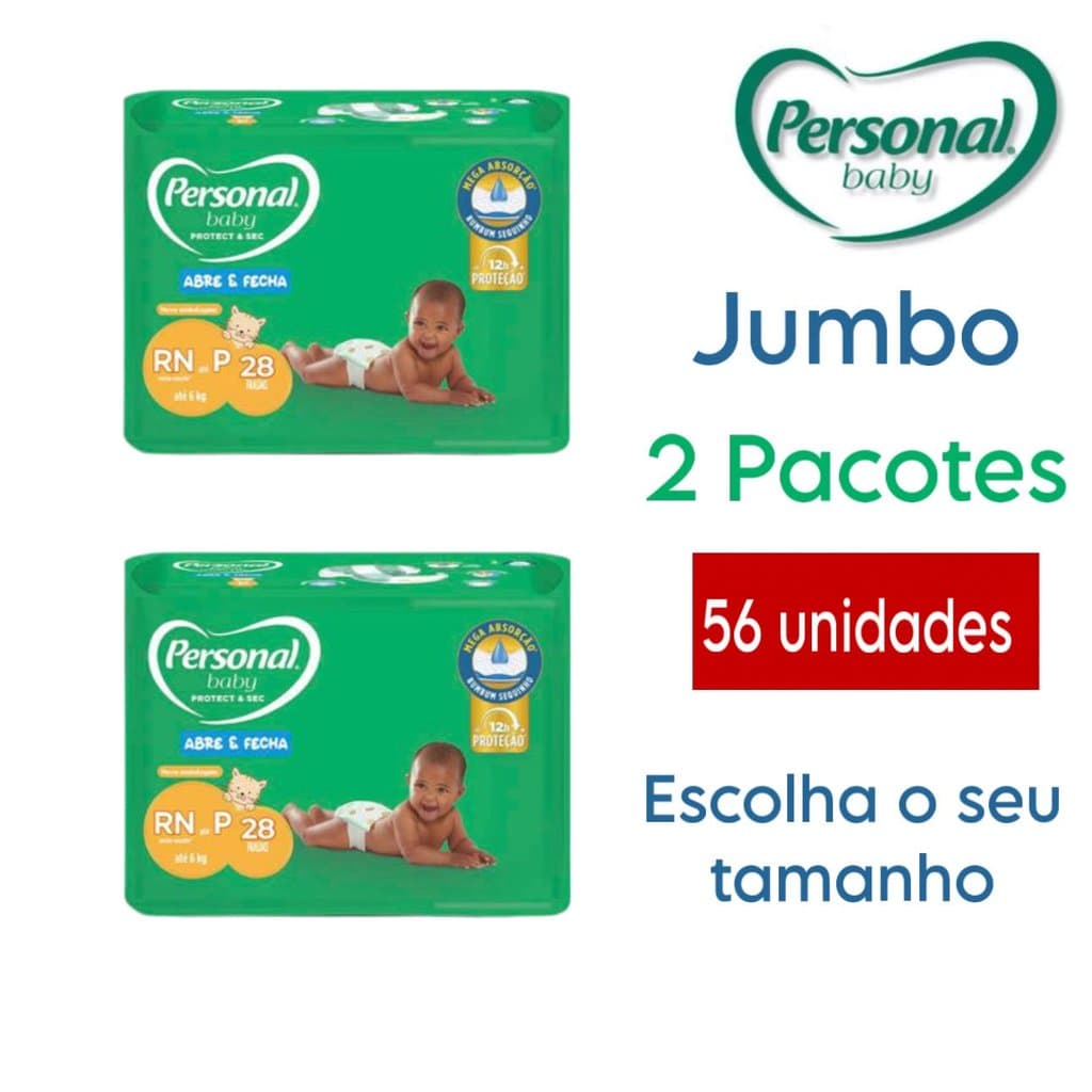 Kit 2 Pacotes Fralda Descartável Personal Baby JUMBO P,M,G,