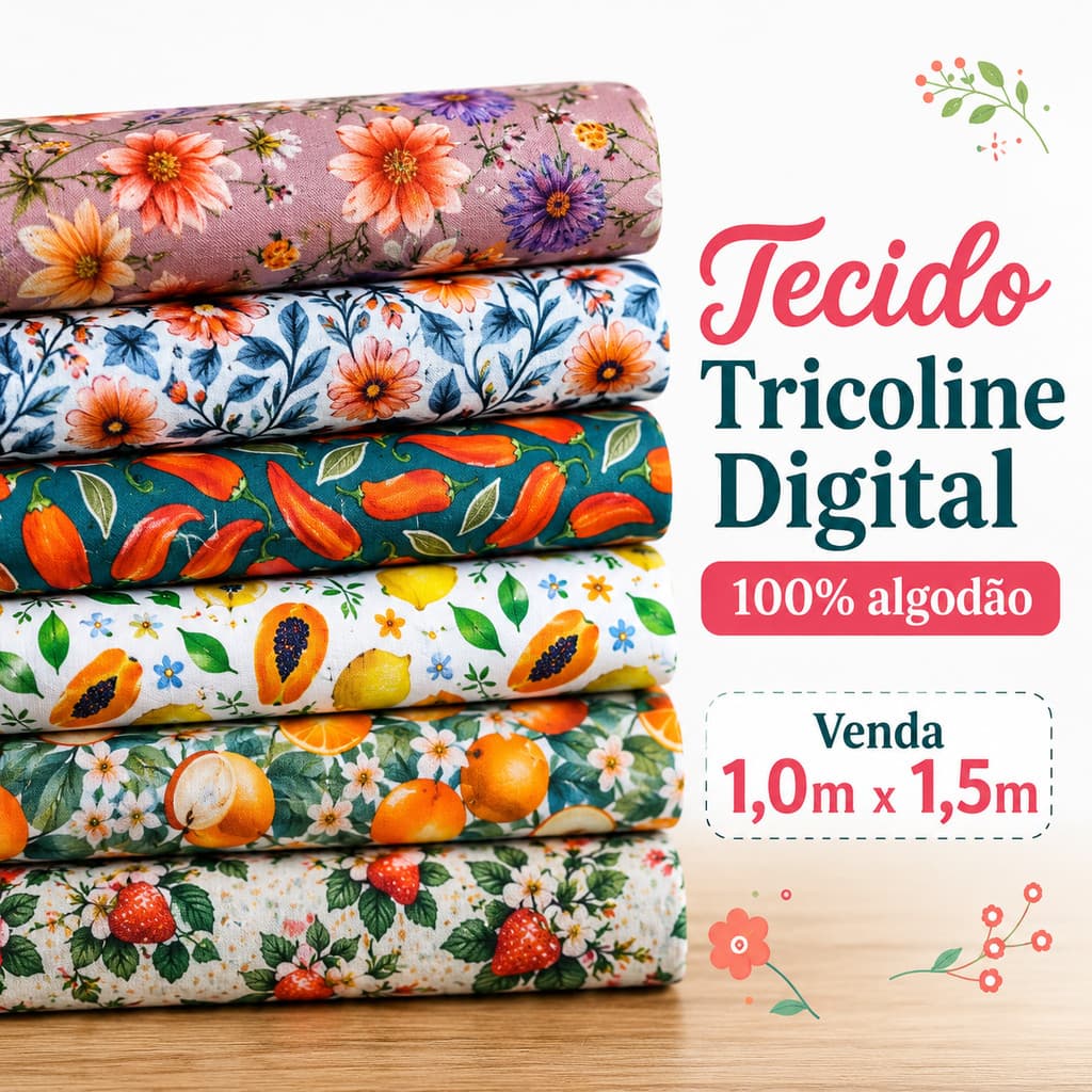 Tecido Tricoline Digital Estampado 100% Algodão 1mx1,50m Para Artesanato, Costura Criativa e Patchwork