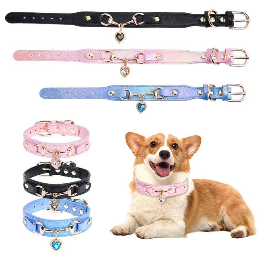 Coleira para cão confortável e brilhante com guia, coleira de couro para cão em formato de coração com strass, acessório