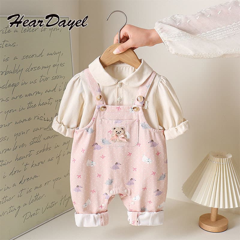 Bebê bebê outono roupas conjunto coreano roupas infantis bonito dos desenhos animados bebê menina camisa de fundo macacã