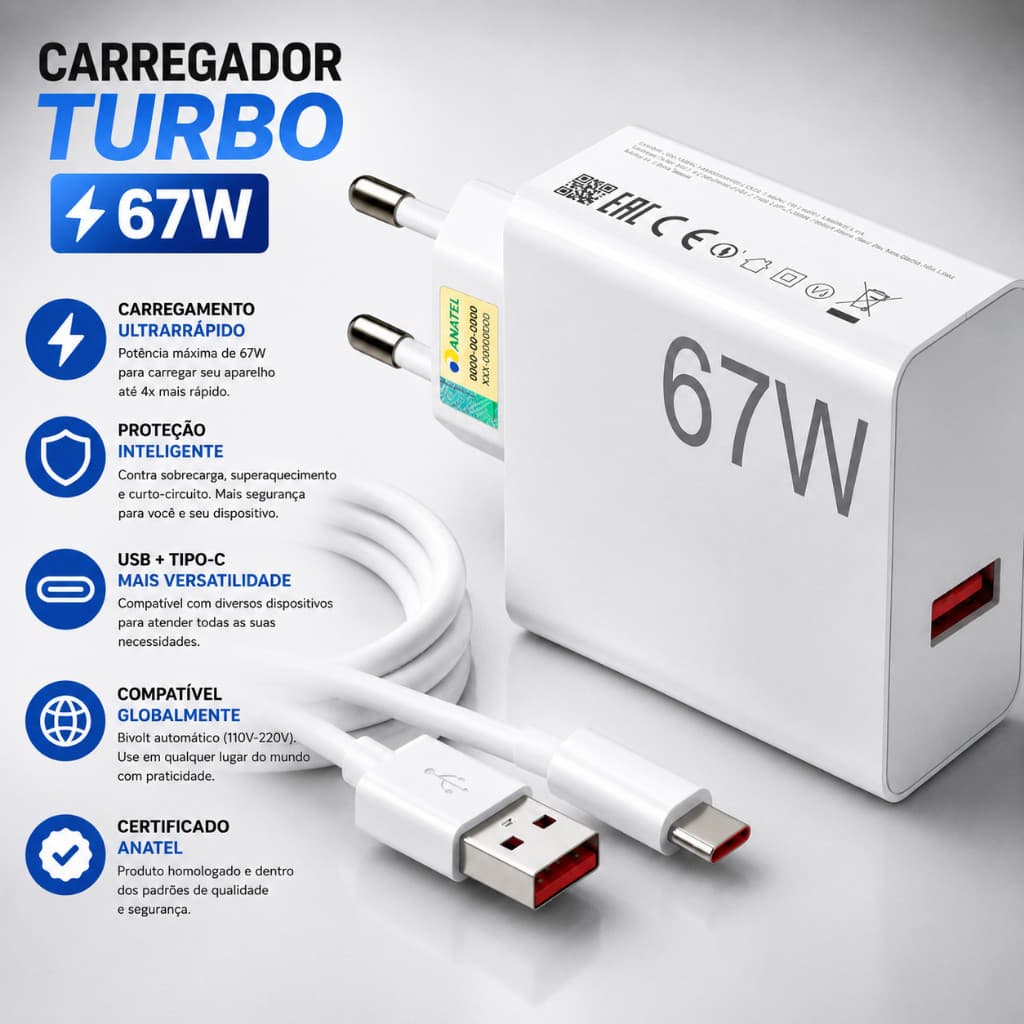 Kit Carregador Cabo E Fonte USB-C Turbo 67W Celular Xiaom Redm Note Poco X7 X8 Carga Rápida Homologado Anatel