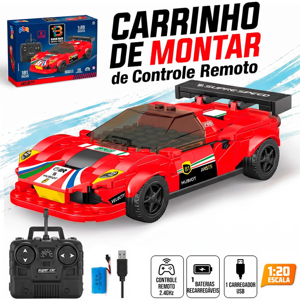 Carrinho De Controle Remoto Bloco De Montar 181 Peças Brinquedo Recarregável Usb Infantil