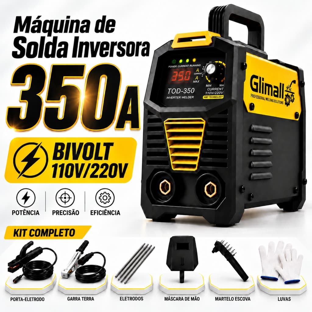 Máquina de Solda Inversora 350A Bivolt 110V 220V Display Digital IGBT Kit Completo Profissional