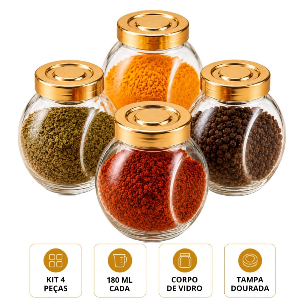 Kit 4 Porta Temperos de Vidro 180ml com Tampa Dourada para Condimentos e Especiarias