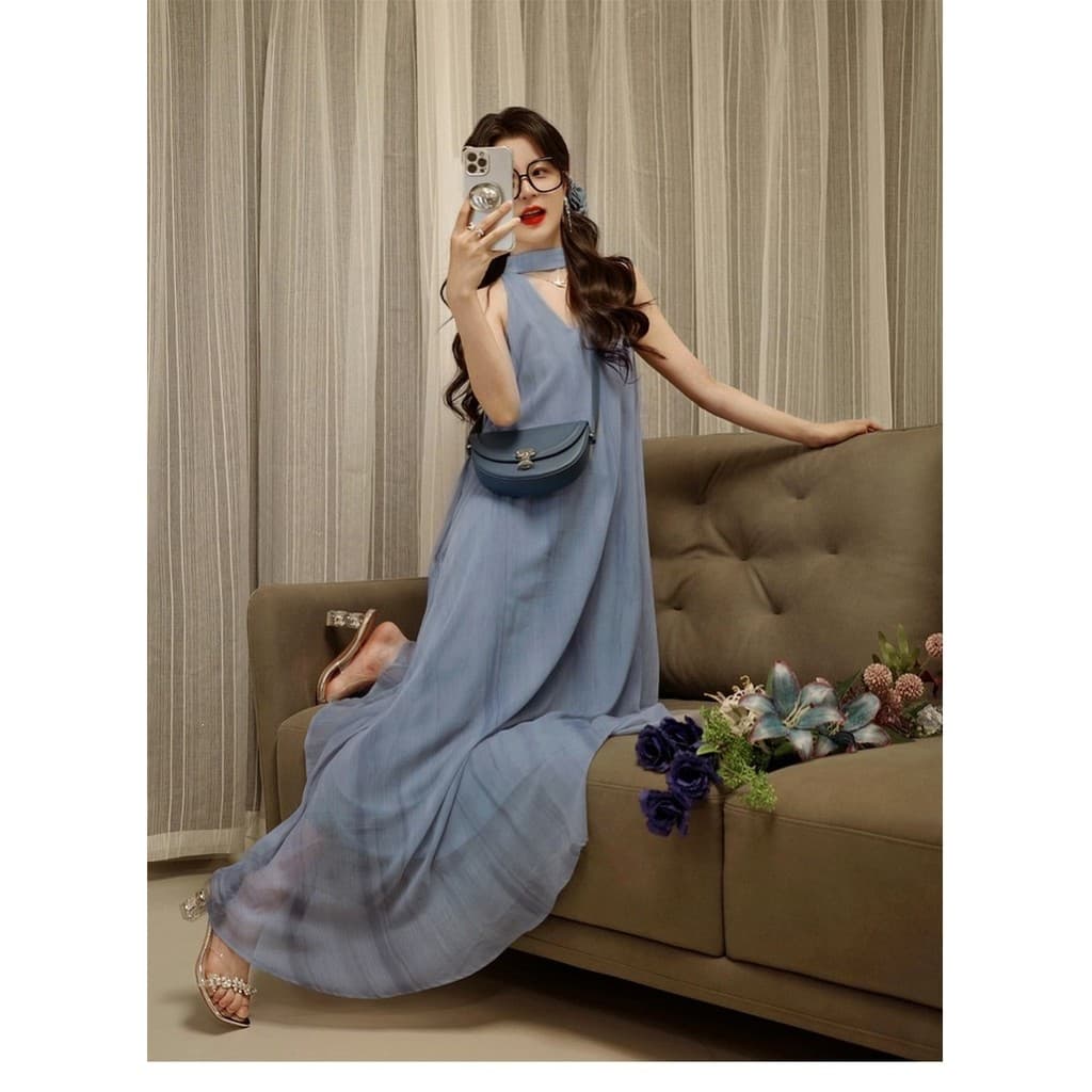 Vestido feminino sem mangas saia vestido feminino férias novo estilo saia longa azul estilingue pendurado vestido sentir