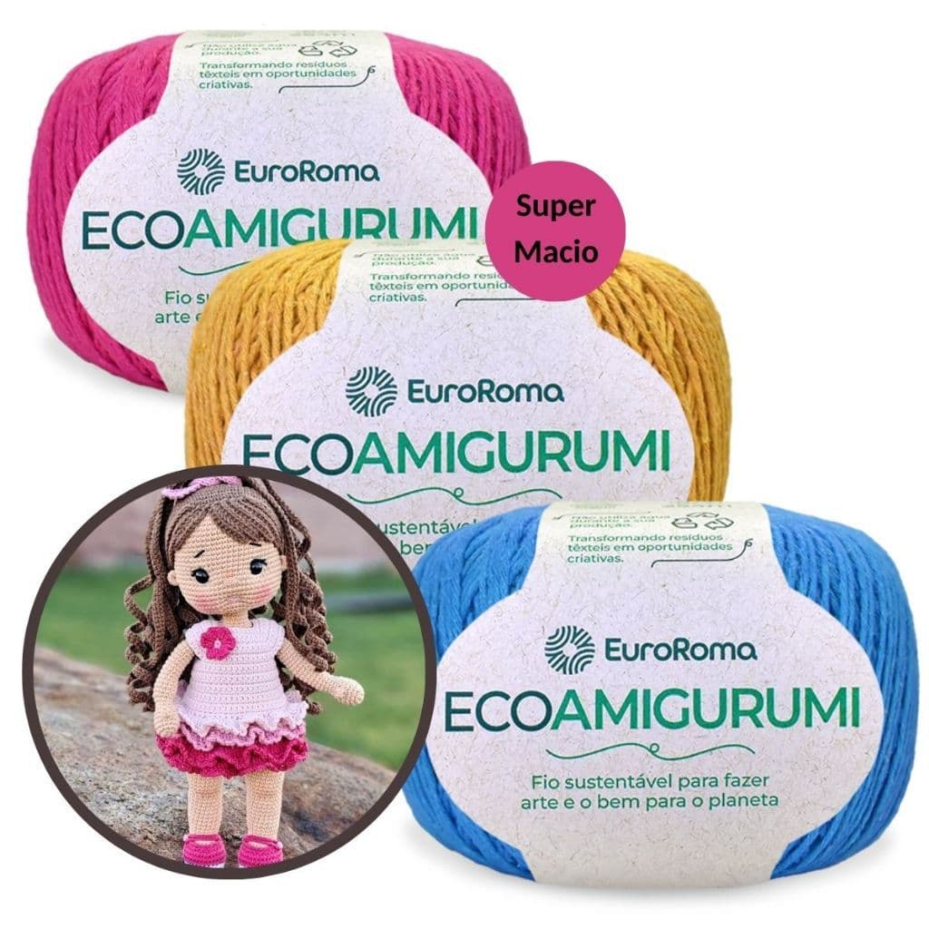 Kit 3 Linha Eco Amigurumi Euroroma 240M Bonecas Pelucia Naninhas Crochê Bebê Chocalhos Barbante