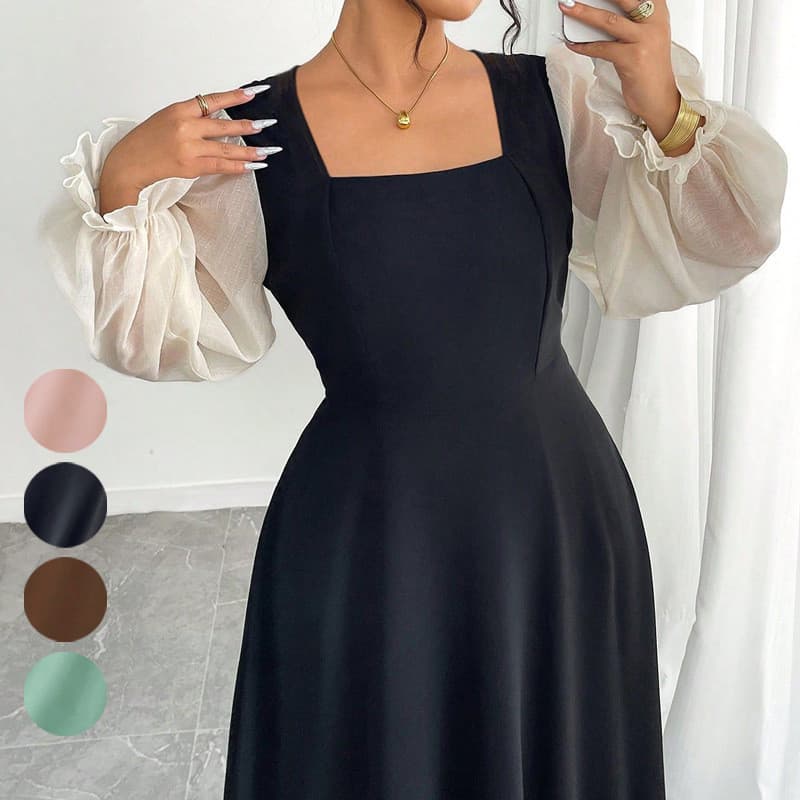 Vestido feminino gola quadrada manga bufante malha costura vestido preto feminino novo estilo temperamento vestido