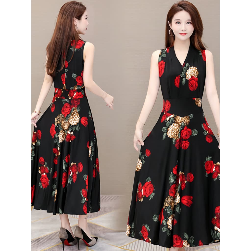 Tamanho grande sem mangas vestido feminino 2026 verão novo estilo longo vestido de mãe de meia-idade com decote em v leg