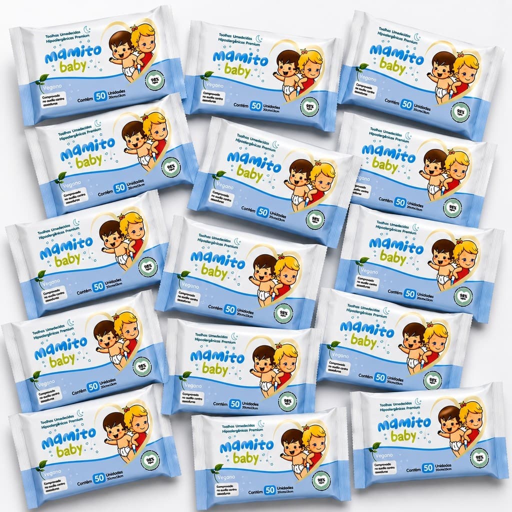 Kit 15 Lenços Umedecido 50 Folhas - Limpeza Suave Hidratação Pele Sensível Bebê - Mamito Baby