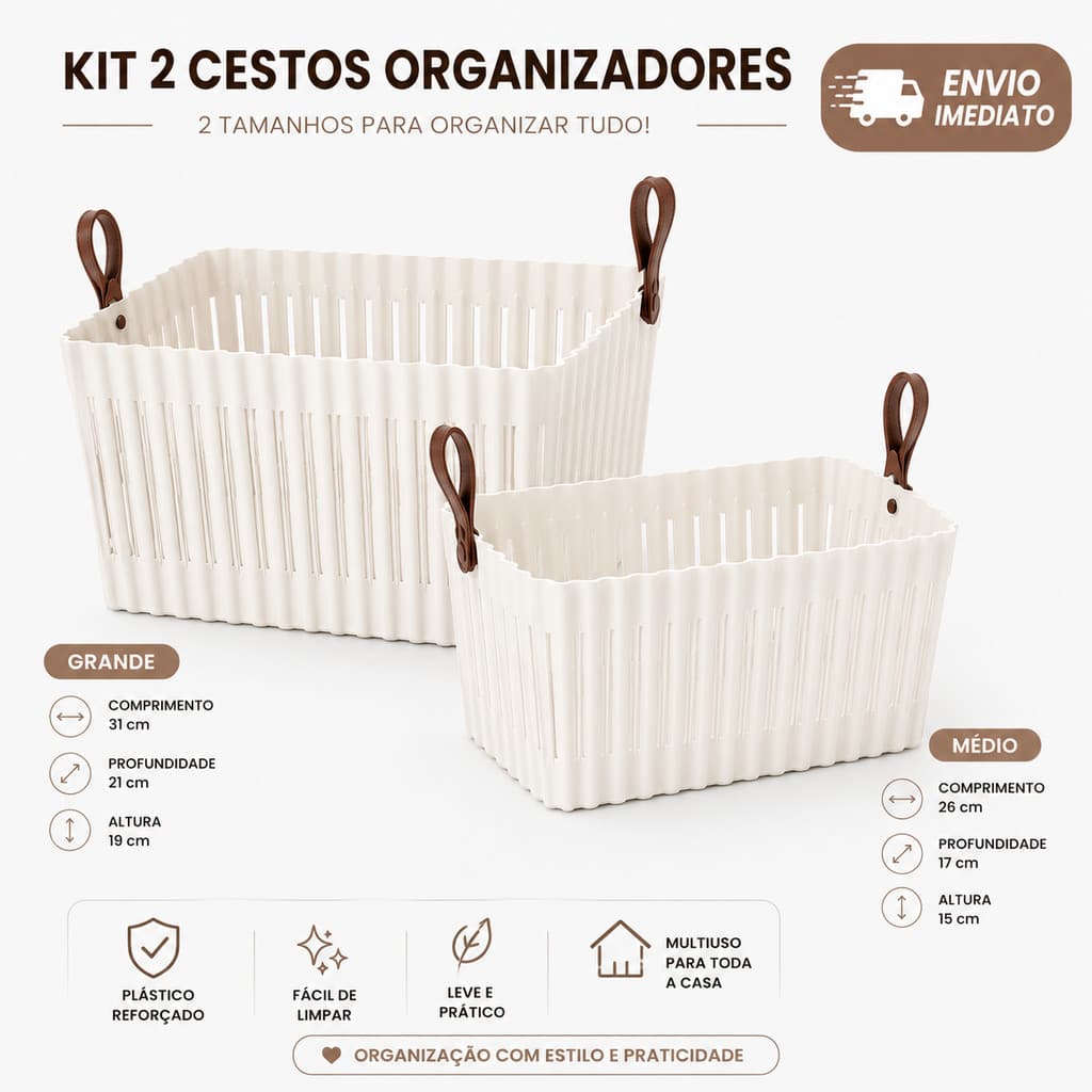 Kit 4 Cestos Organizadores Com Alças Multiuso Caixa organizadora Banheiro Cozinha Closet Branco Cinza Guarda roupa