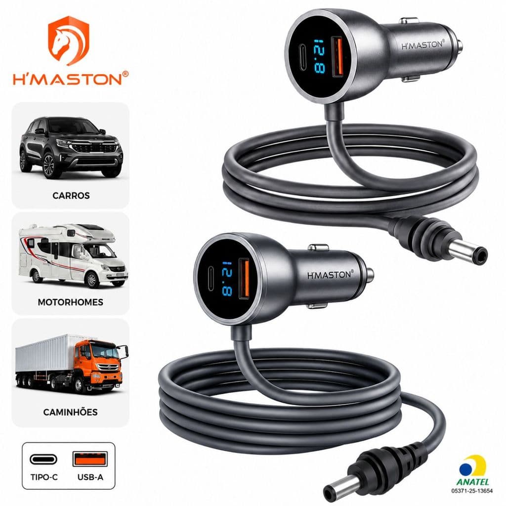 Carregador Veicular Starlink Mini Cabo 3m com Display Digital 12V/24V H'Maston