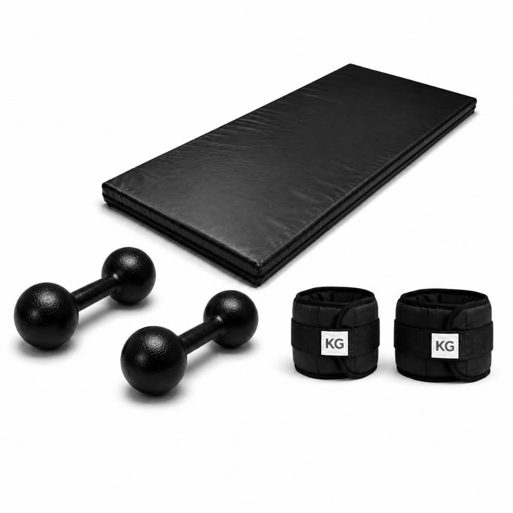 -Promo KIT FITNESS COMPLETO COLCHONETE PRETO + PAR 2KG HALTER BOLA + PAR 2KG CANELEIRA PRETO |TREINO EM CASA OU ACADEMIA