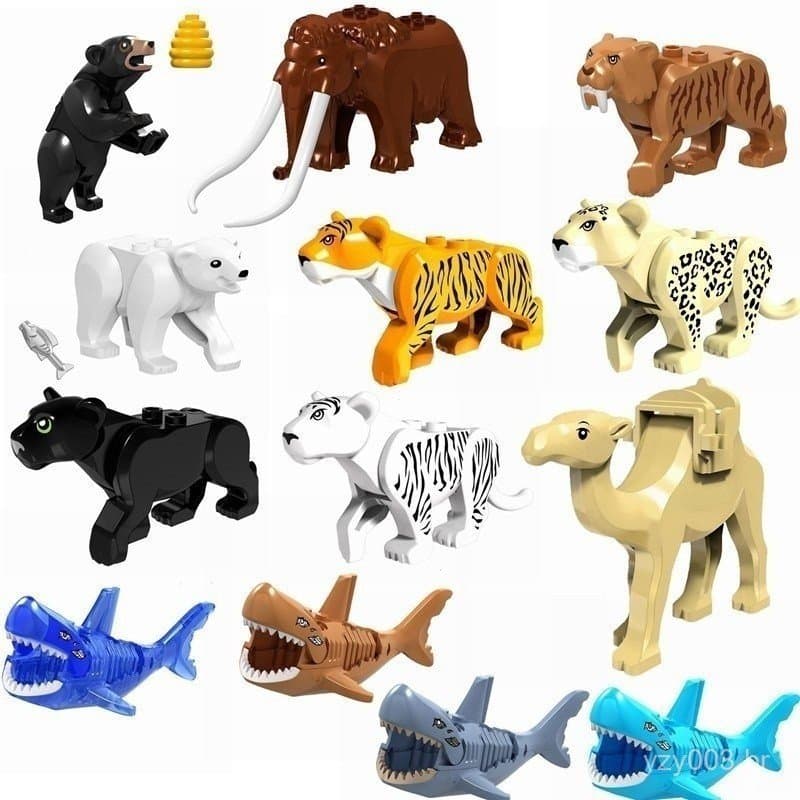 Blocos de montar de animais Lego: tigre, leopardo, urso polar, elefante, tubarão preto, camelo, brinquedos infantis.