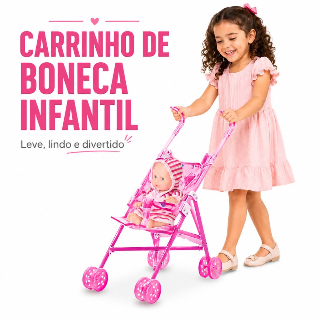 Carrinho de Boneca Infantil Rosa com Bebê Reborn Dobrável Leve Brinquedo Menina Passeio Divertido