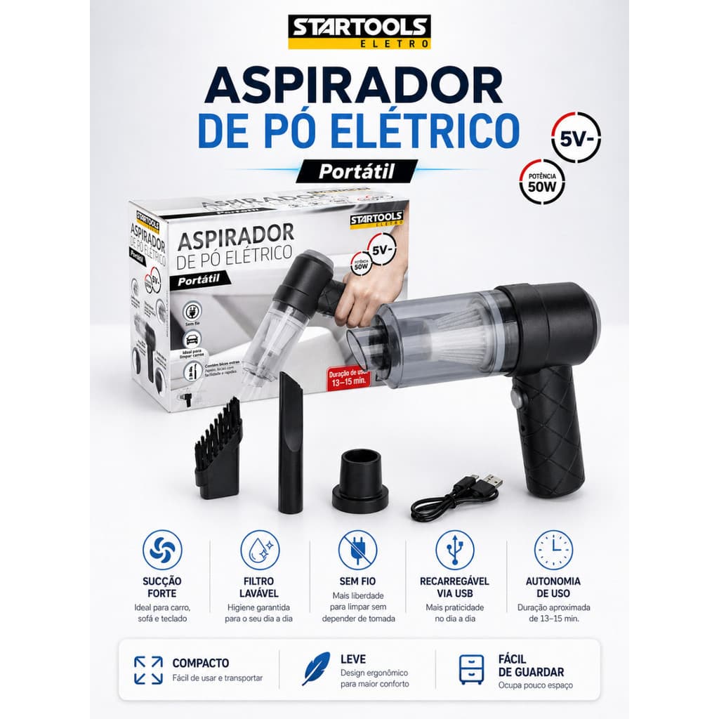 Aspirador De Pó Portátil 3 Em 1 Recarregável Usb Filtro Lave