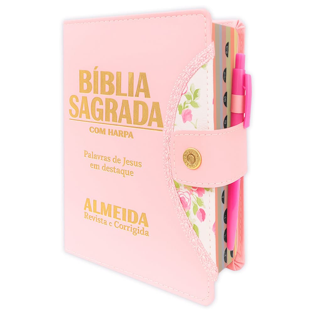 Bíblia Sagrada Feminina - Botão Rosa | ARC - Almeida Revista e Corrigida com Harpa e Índice Lateral