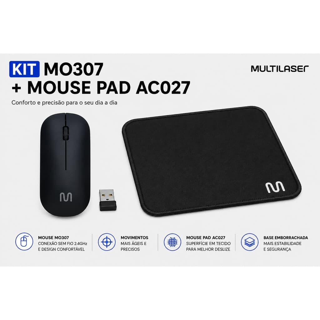 Kit Mouse Multilaser MO307 Sem  Fio + Mouse Pad AC027 Preto